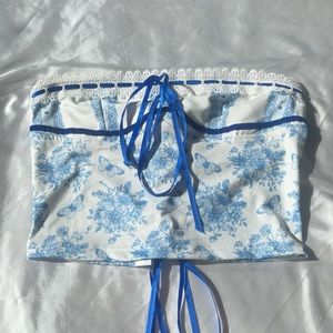 Blue Floral Patterned Tied Tube Top